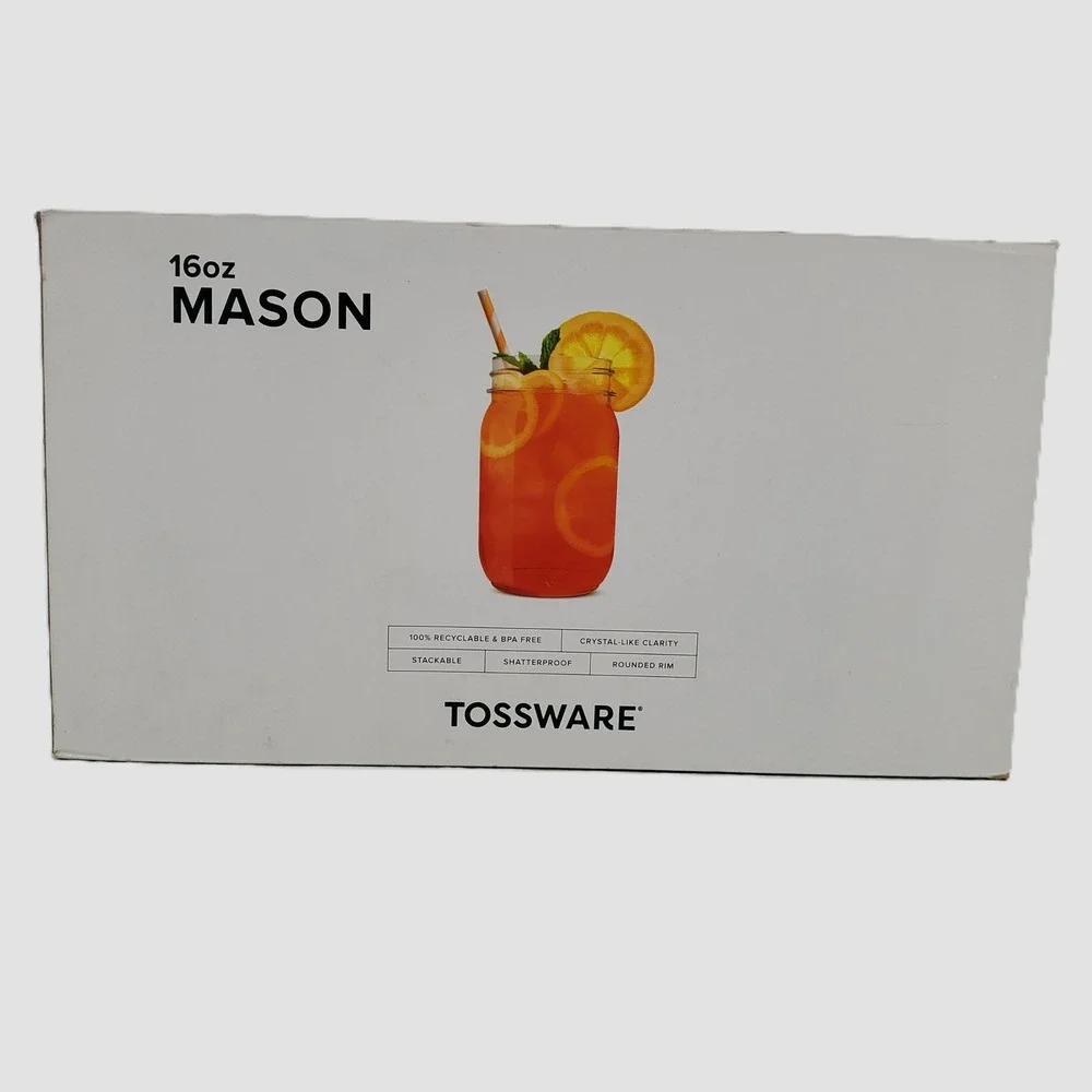 TOSSWARE 16oz Mason Jar Set of 48 Shatterproof Stackable Clear Plastic Drinkware